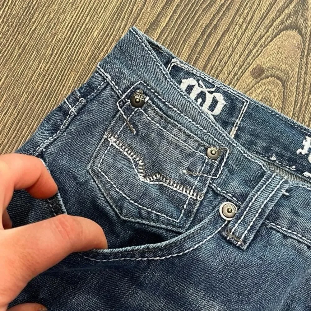 Request Jeans Straight Leg Mid Rise Distressed Denim Medium Wash Blue Size 32x32